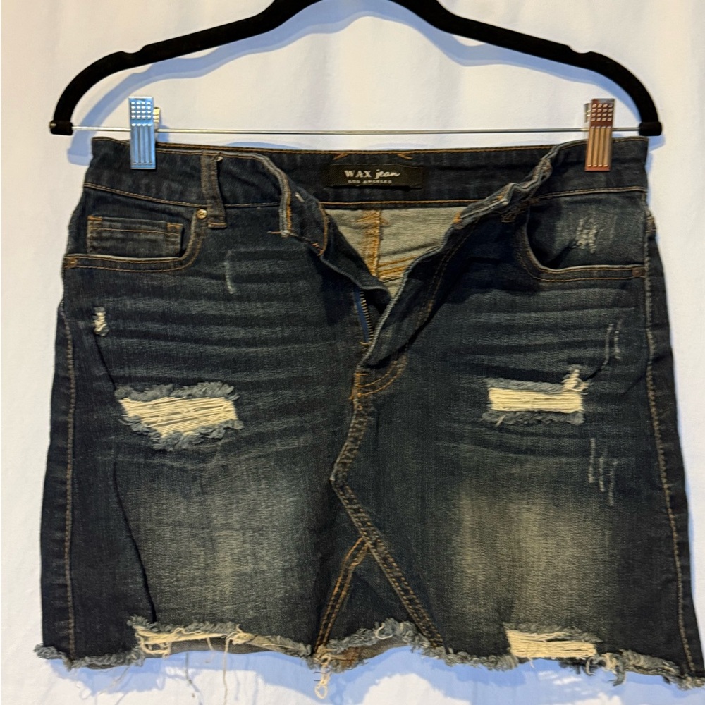WAX Jean LA Distressed Denim Mini Skirt | Raw Hem Dark Wash